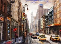 ציור שמן על בד, מבט רחוב של ניו יורק, אישה מתחת למטריה אדומה, מונית צהובה, יצירות אמנות מודרניות, עיר אמריקאית, איור ניו יורק