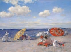 בים, מאת ויליאם מריט צ'ייס, 1892, ציור אמריקאי, שמן על בד. סצנת חוף אימפרסיוניסטית לונג איילנד, ניו יורק, צבועה בצבע זוהר ובהיר עם מטריות גדולות, נשים וילדים